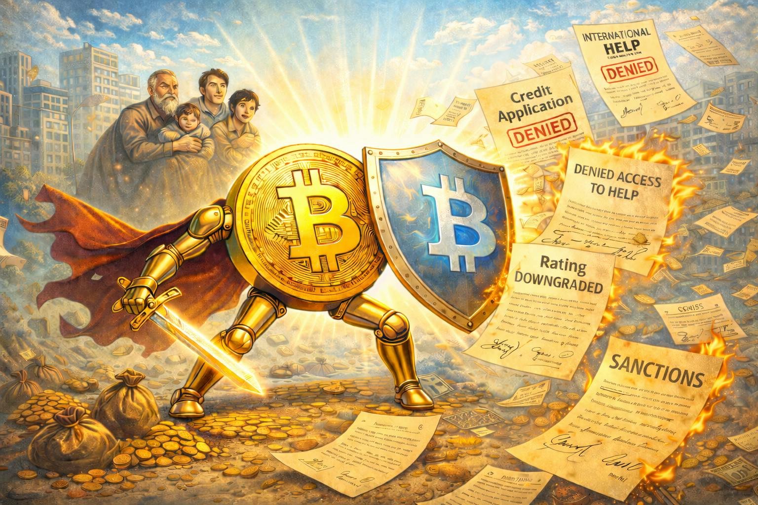 How cryptocurrency can protect people from currency wars - blockchain technology enabling humanitarian protection while maintaining economic pressure.