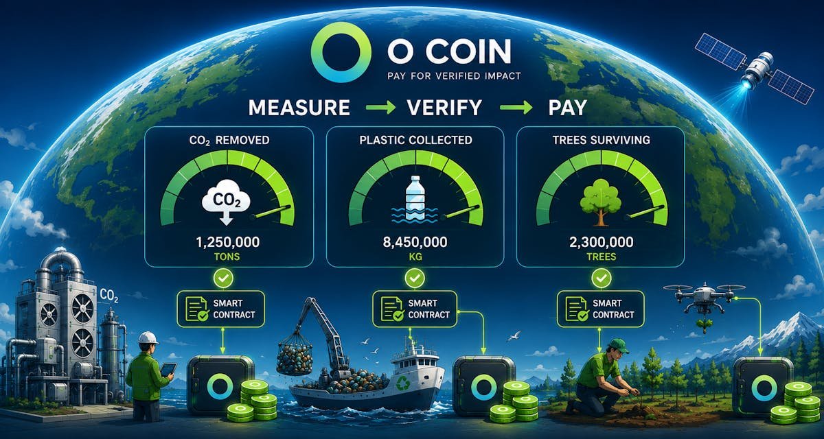 Programmable money for planetary restoration — smart contracts releasing O Coin payments automatically when carbon capture, ocean cleanup, and reforestation are measured and verified.
