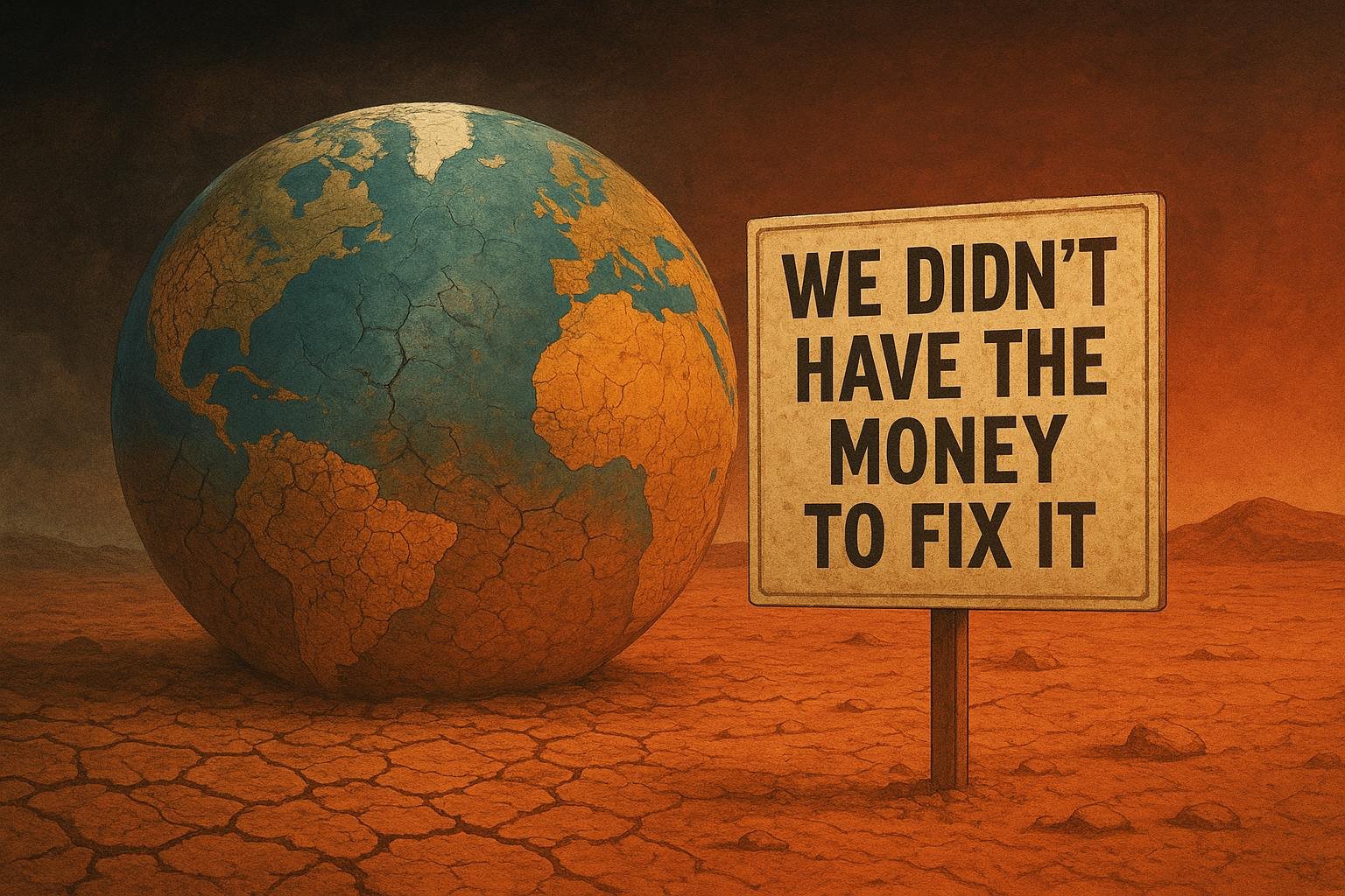 A cracked Earth globe on parched ground with a sign reading 'WE DIDN'T HAVE THE MONEY TO FIX IT' - a powerful metaphor for environmental degradation and the consequences of prioritizing financial concerns over ecological preservation.