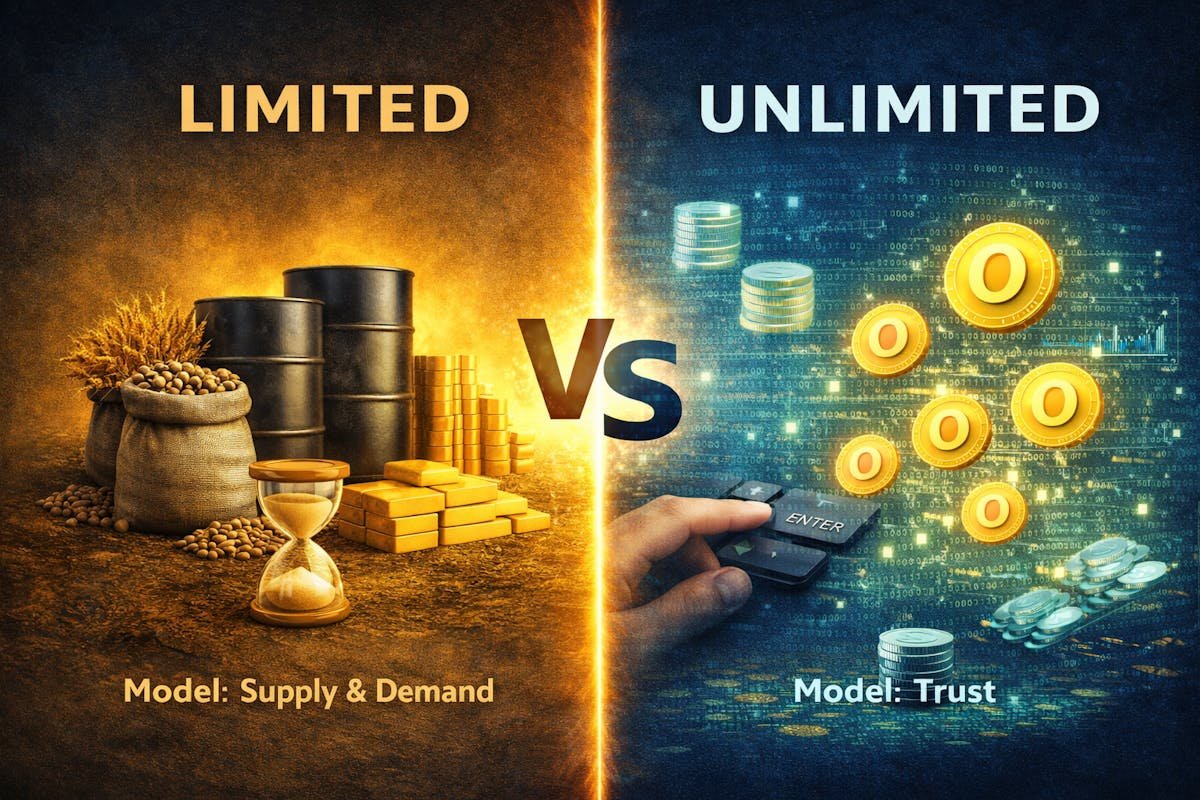 When supply is just code — money evolving from scarce metal to pure ledger entries, where value depends on trust and calibration rather than natural scarcity.