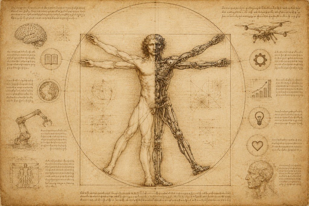 A Vitruvian-style illustration of a human on one side and a machine/robot on the other, surrounded by icons of AI, robotics, knowledge, and productivity — symbolizing how technology augments human behavior and productivity.