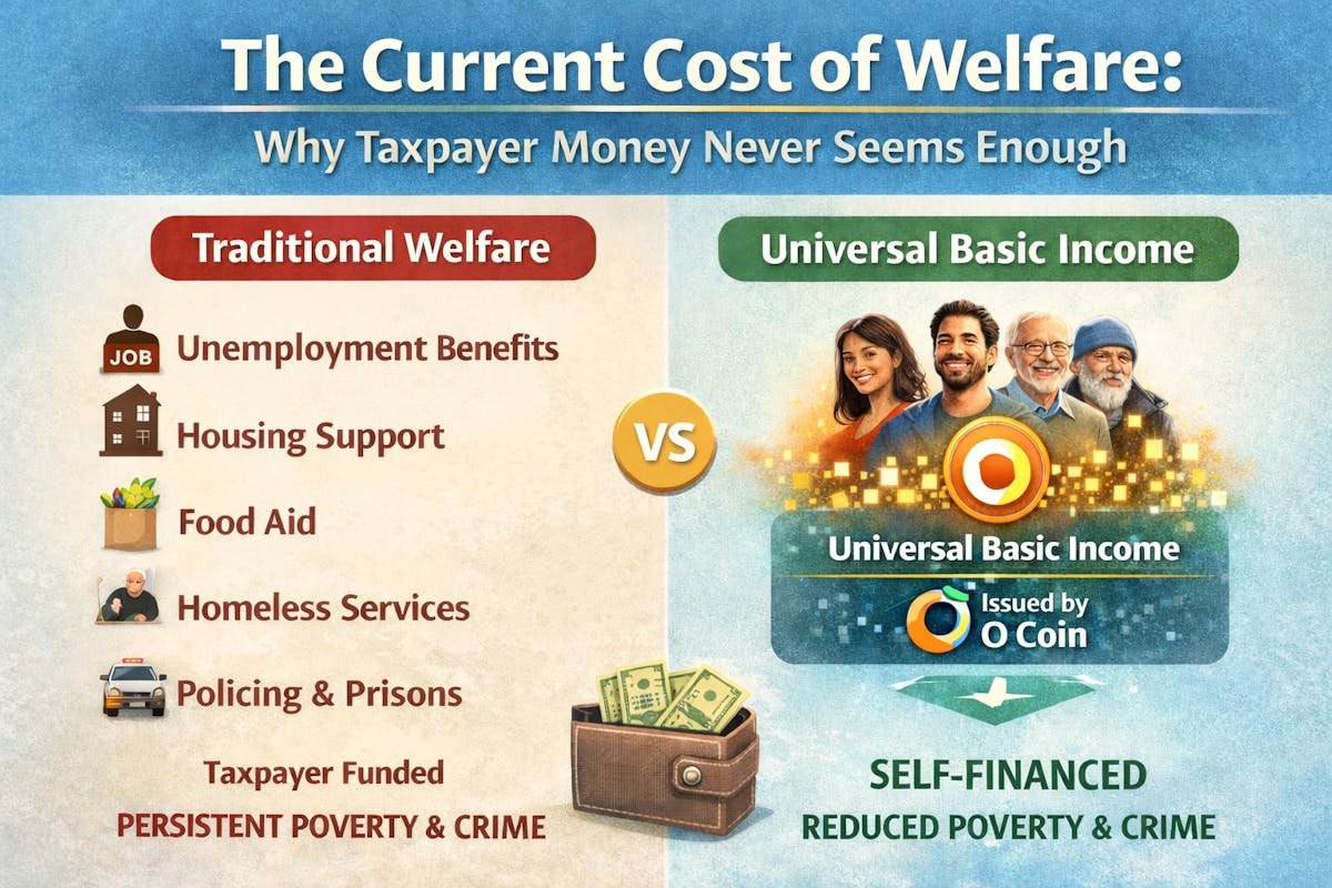 Traditional welfare versus self-financed UBI — replacing a maze of means-tested programs with one unconditional transfer created by the monetary system rather than taxes.